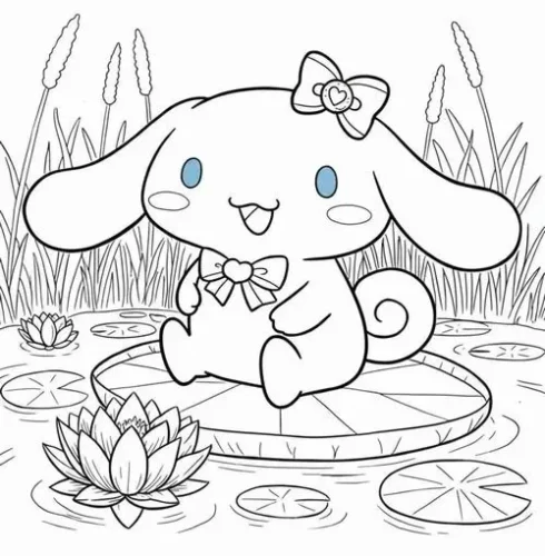 Mẫu tô màu cinnamoroll ngồi trên lá sen