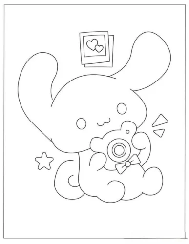 Mẫu tô màu cinnamoroll ôm đồ chơi bên khung ảnh