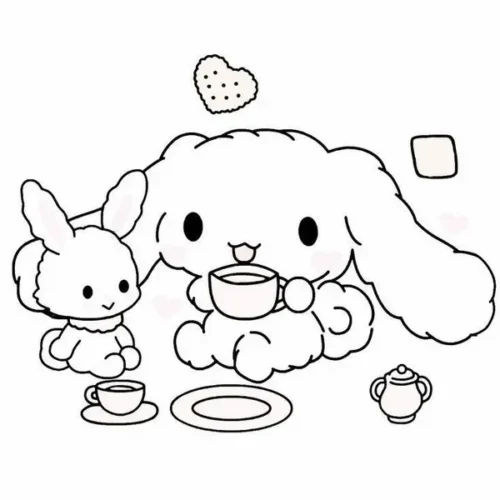 Tranh tô màu cinnamoroll và thỏ uống trà