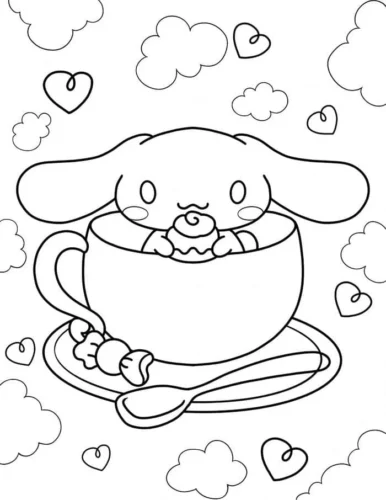 Tranh tô màu cinnamoroll trong tách trà giữa mây