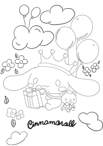Mẫu tô màu cinnamoroll bên hộp quà dưới chữ