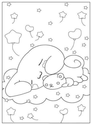 Hình tô màu cinnamoroll ngủ trên mây giữa sao