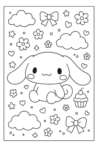 Tranh tô màu cinnamoroll giữa mây và nơ