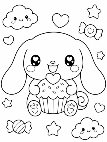 Mẫu tô màu cinnamoroll ôm bánh giữa kẹo