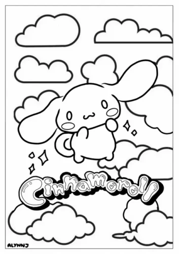 Mẫu tô màu cinnamoroll trên mây dưới chữ Cinnamoroll