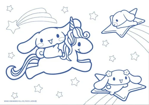 Hình tô màu cinnamoroll bay cùng kỳ lân, nét xanh