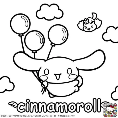 Tranh tô màu cinnamoroll cầm bóng bay dưới chữ Cinnamoroll