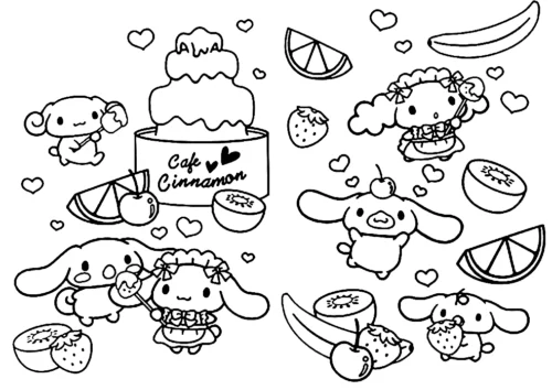 Hình tô màu cinnamoroll và bánh trong quán cà phê