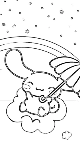 Mẫu tô màu cinnamoroll cầm ô dưới cầu vồng