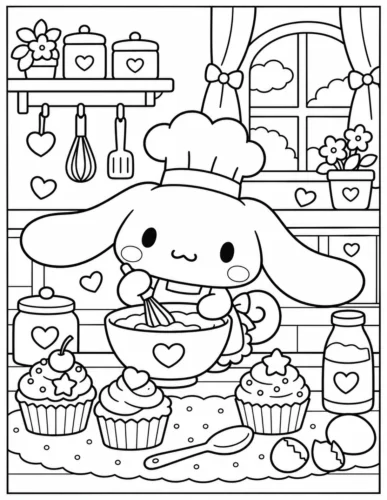 Mẫu tô màu cinnamoroll làm bánh trong bếp