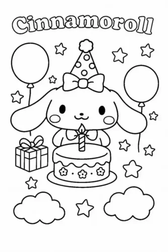 Tranh tô màu cinnamoroll bên bánh sinh nhật dưới chữ