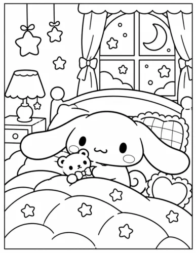 Tranh tô màu cinnamoroll ngủ trên giường dưới trăng
