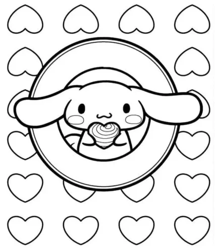 Hình tô màu cinnamoroll trong vòng tròn giữa trái tim