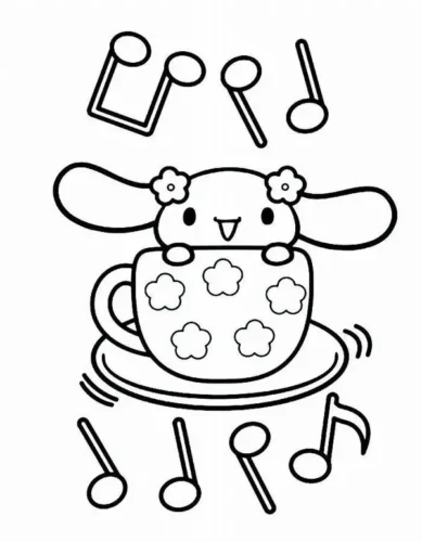 Tranh tô màu cinnamoroll trong tách trà giữa nốt nhạc