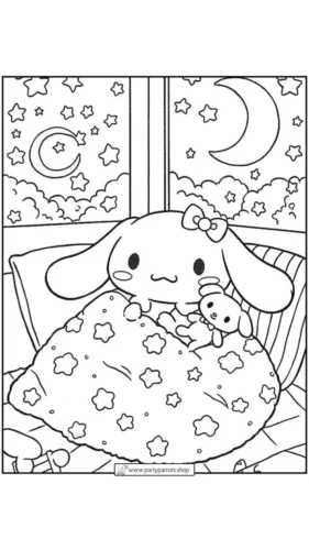 Cinnamoroll ôm gối bên cửa sổ đêm