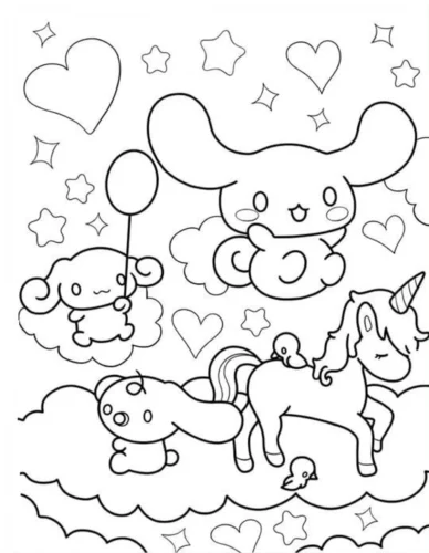 Cinnamoroll và kỳ lân trên mây giữa trái tim