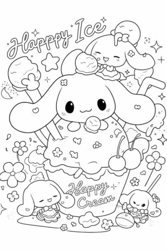 Cinnamoroll ăn kem dưới chữ Happy Ice