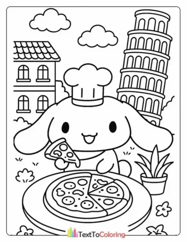 Cinnamoroll đầu bếp bên tháp nghiêng Pisa