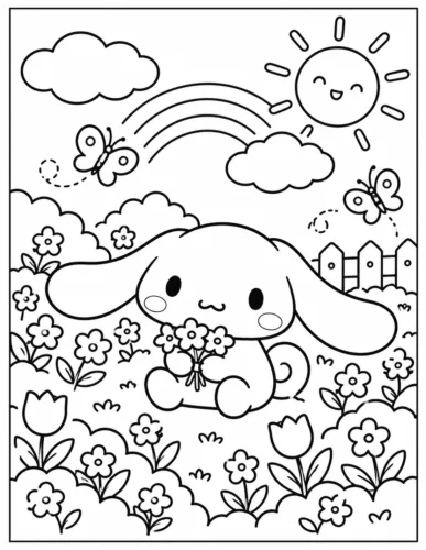 Cinnamoroll cầm hoa dưới cầu vồng