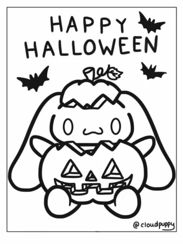Cinnamoroll trong quả bí ngô dưới chữ Happy Halloween