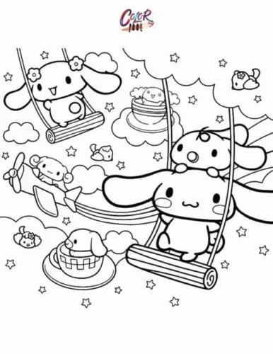 Tranh tô màu cinnamoroll và các bạn ngồi xích đu