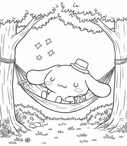 Hình tô màu cinnamoroll nằm võng giữa rừng