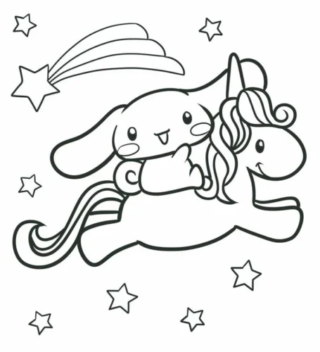 Mẫu tô màu cinnamoroll cưỡi kỳ lân giữa sao