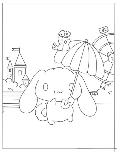 Hình tô màu cinnamoroll cầm ô trước lâu đài