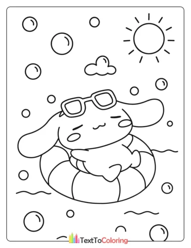 Tranh tô màu cinnamoroll đeo kính ngồi phao dưới mặt trời