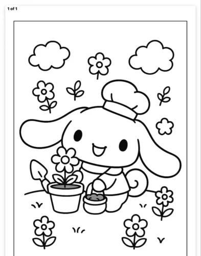 Tranh tô màu cinnamoroll đầu bếp trồng hoa