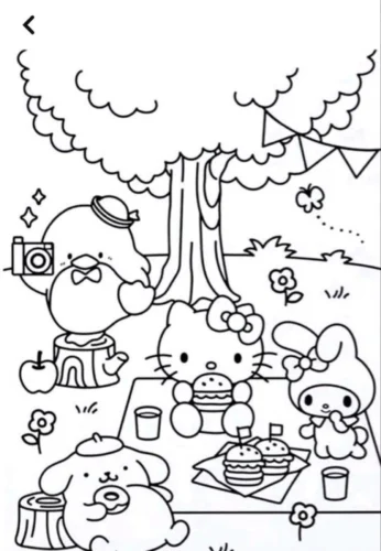 Tranh tô màu cinnamoroll và Hello Kitty dưới gốc cây