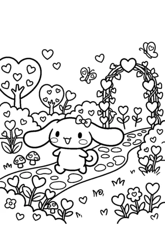 Mẫu tô màu cinnamoroll giữa vườn hoa
