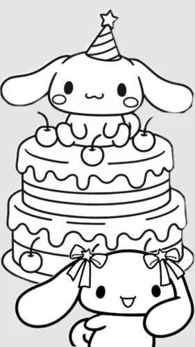 Hình tô màu cinnamoroll đội mũ tiệc trên bánh kem nhiều tầng
