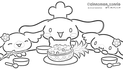 Tranh tô màu cinnamoroll và các bạn ăn bánh