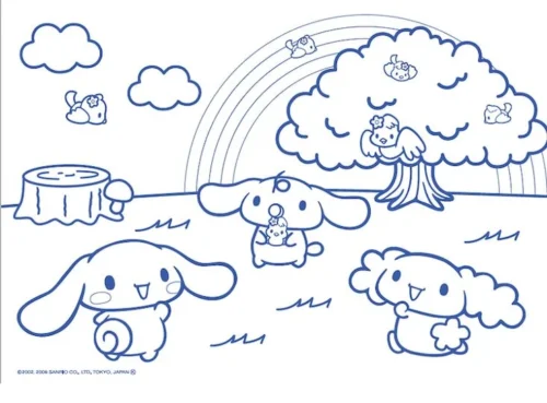 Hình tô màu cinnamoroll và các bạn dưới cầu vồng, nét xanh