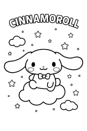 Mẫu tô màu cinnamoroll ngồi trên mây dưới chữ Cinnamoroll