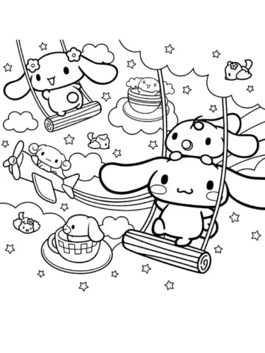 Tranh tô màu cinnamoroll và các bạn ngồi xích đu