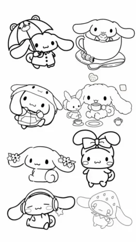 Hình tô màu nhiều tư thế Cinnamoroll trên một trang