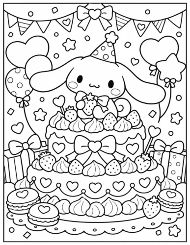 Hình tô màu cinnamoroll trên bánh kem giữa dây cờ