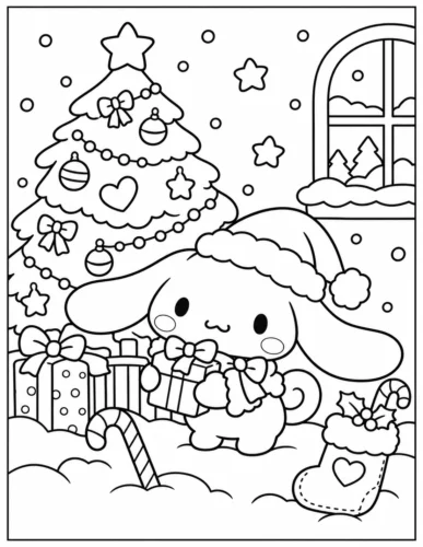Mẫu tô màu cinnamoroll đội mũ Noel bên cây thông