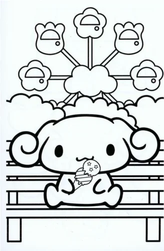 Tranh tô màu cinnamoroll ngồi ghế đá dưới vòng đu quay