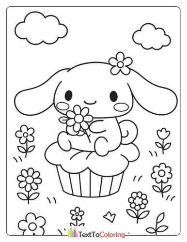 Tranh tô màu cinnamoroll trên cupcake giữa hoa