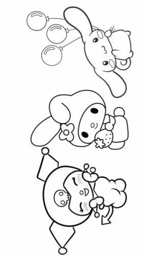 Mẫu tô màu cinnamoroll, Kuromi và My Melody xếp dọc