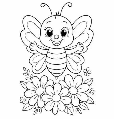 Mẫu tô màu bướm mặt cười trên vườn hoa