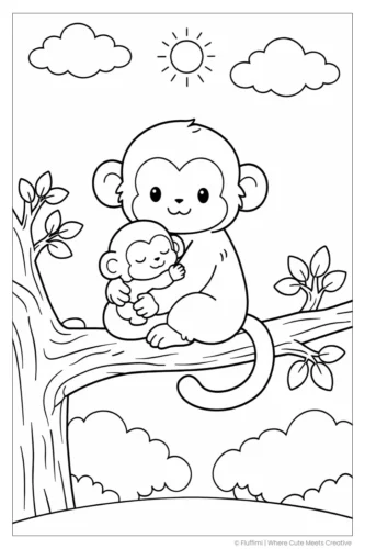 Mẫu tô màu khỉ mẹ ôm khỉ con trên cành