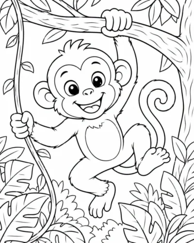 Hình tô màu khỉ leo dây trong rừng