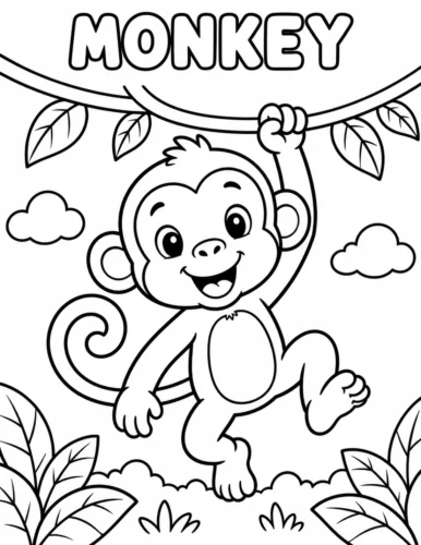 Mẫu tô màu khỉ đu dây dưới chữ MONKEY