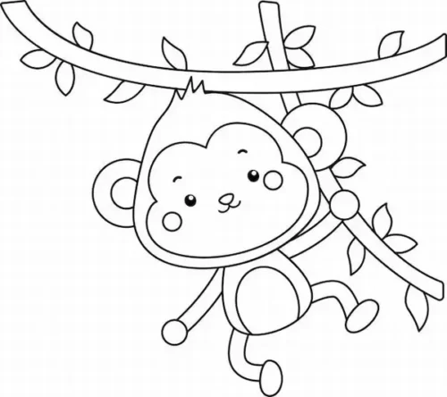 Tranh tô màu khỉ con treo giữa dây leo