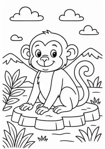 Mẫu tô màu khỉ ngồi trên gốc cây