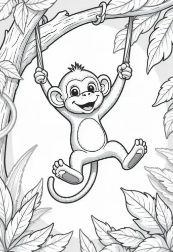 Tranh tô màu khỉ đu dây trong rừng rậm